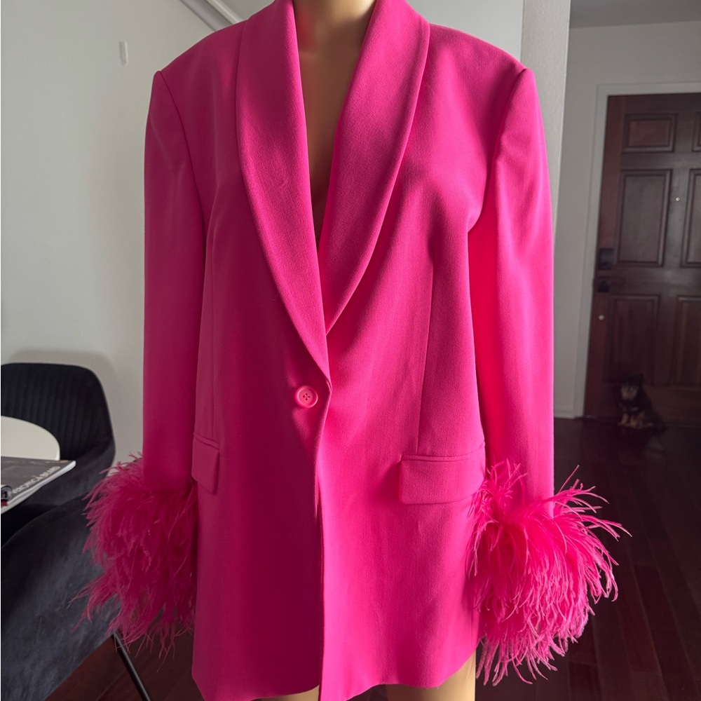 Viral Zara Hot Pink Feather Cuff Blazer Size Large - Picture 3 of 10